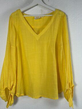 Anthropologie Maeve Womens Verona Tied-Sleeve Top Blouse Large Yellow V-Neck